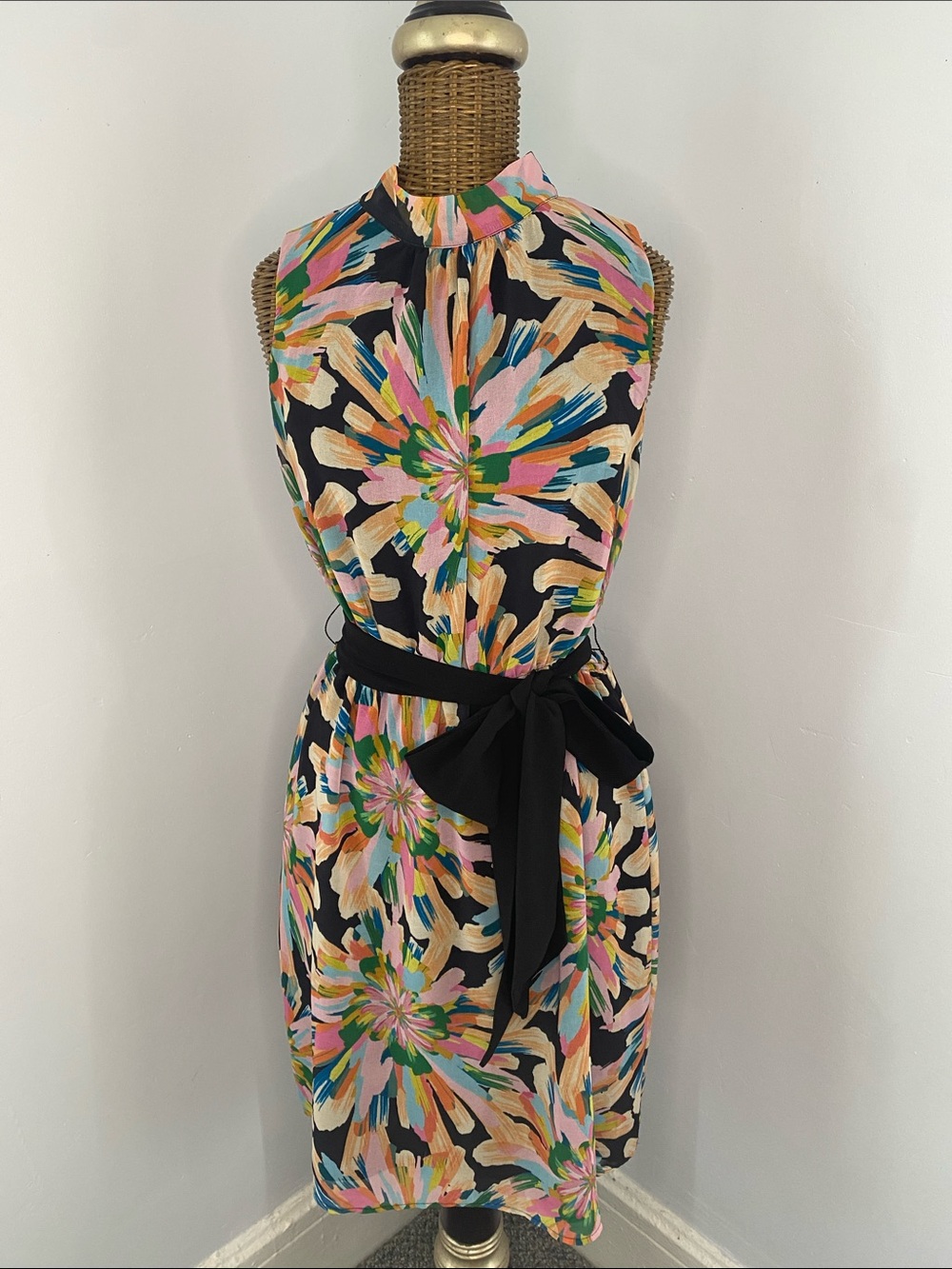 New York & Company Sweet Pea Black Floral Halter Midi Dress with Black Waist Tie